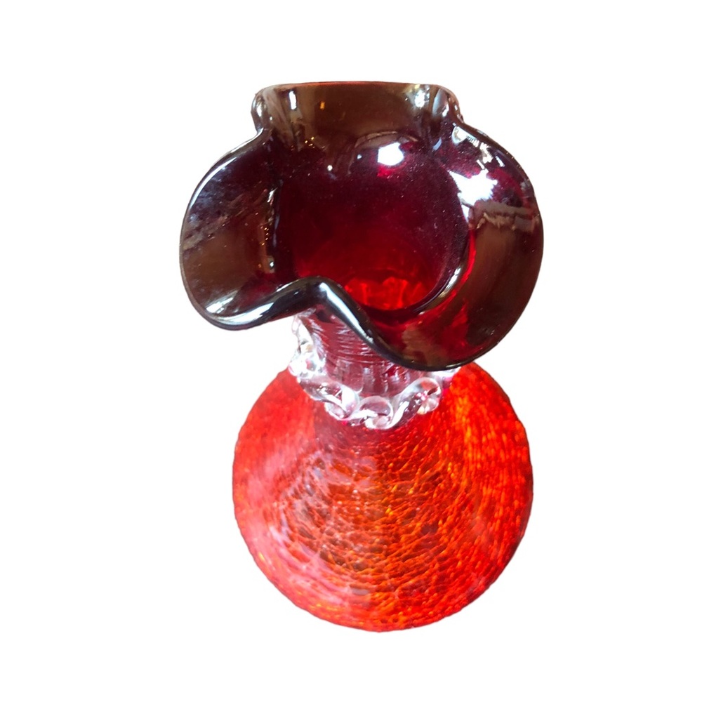 Vtg Ruby Red Amber Crackle Glass Hand Blown Bud Vase Ruffled Rim Applied Rigaree - Picture 3 of 16